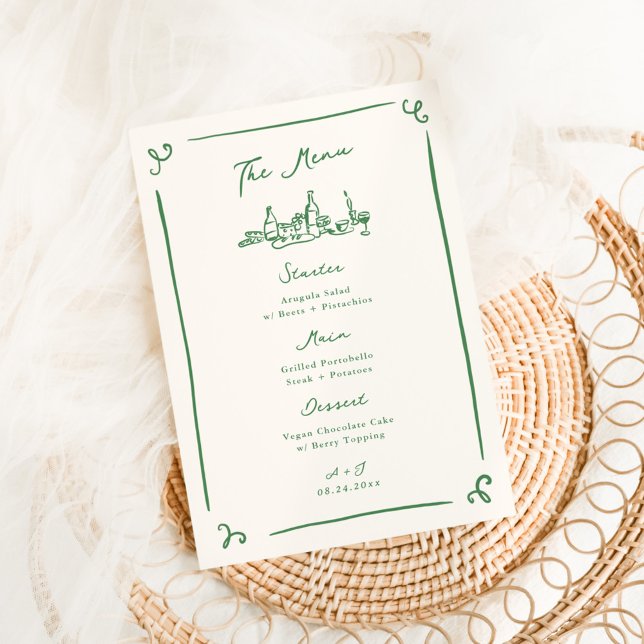 Menu de Casamento Verde Desenhado à Mão Branca (Criador carregado)