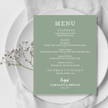 Menu de Casamento Verde do Simples Elegante do Orç<br><div class="desc">Um cartão de cardápio de barato e de janto de papel de valor em verde-sábio com suas escolhas de comida em letras brancas chic são perfeitos para uma recepção de casamento moderna, janto de ensaio de casamento, festa de aniversário ou qualquer evento especial com janto de sentar. Medidas de 4,...</div>