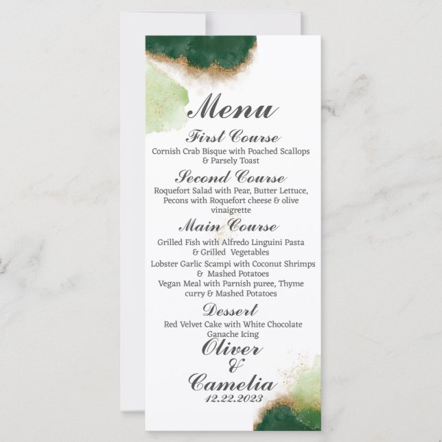 Menu de Casamento Verde e Dourado de Agato Moderno (Frente)