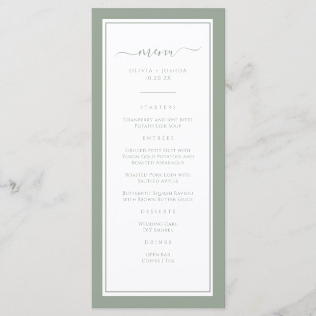 Menu de Casamento Verde Elegante (Frente)