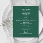 Menu de Casamento Verde Elegante Emerald Elegante<br><div class="desc">Um cartão de menu jante no esmerald green com suas escolhas de comida em letras brancas quentes. Perfeito para uma recepção de casamento moderna, janto de ensaio de casamento, festa de aniversário ou qualquer evento especial com um janto sentado. Medidas de 4, 5" x 5, 6" (ou escolha entre 2...</div>