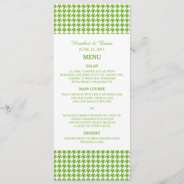 Menu de Casamento Verde Houndstooth (Frente)