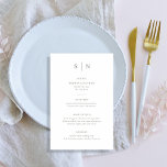 Menu de Casamento Verde Mínimo e Chic White e Sage<br><div class="desc">Estes elegantes e modernos cartões de cardápio de casamento ou cartões de menu de janto de ensaio apresentam um simples design de texto branco e sábio verde que expele o estilo minimalista. Adicione suas iniciais ou monograma para torná-las completamente suas.</div>