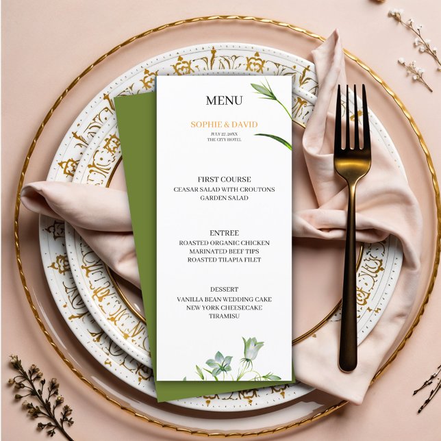 Menu de Casamento Verde Oleícola Floral Elegante (Criador carregado)
