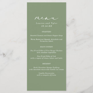 Menu de Casamento Verde Sage sobre Caligrafia Eleg
