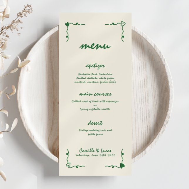 Menu de Casamento Verde Whimsical com Letras Manus (Criador carregado)