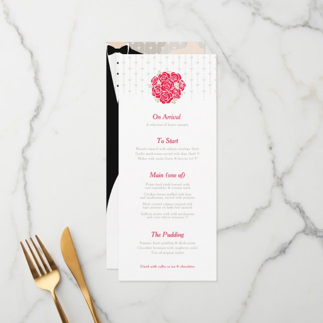 Menu de casamento vermelho de noiva e buquê verde (Frente/Verso In Situ)