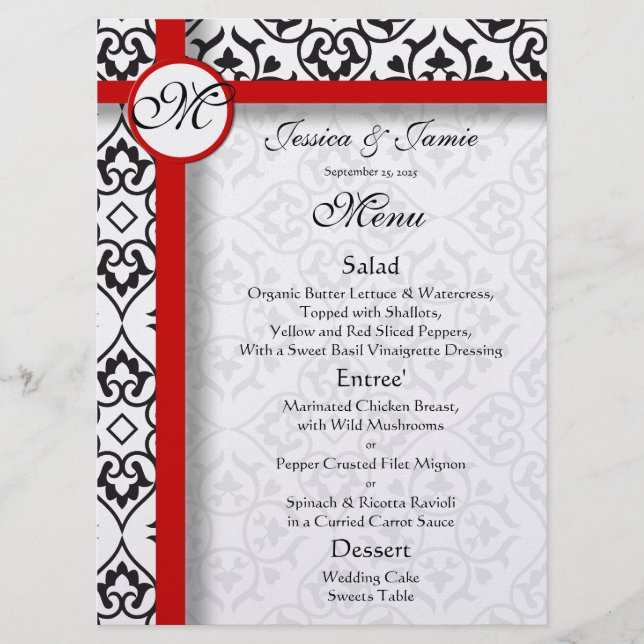 Menu de Casamento Vermelho do Trim. Damasco Negro  (Frente)