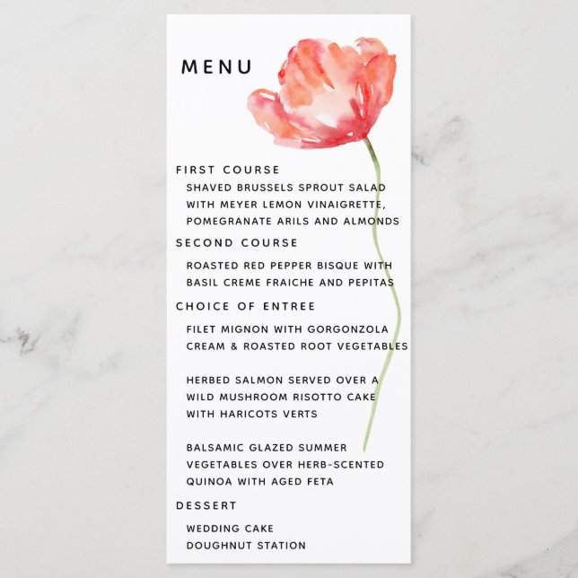 Menu de Casamento Vermelho Elegante e Poppy Modern (Frente)