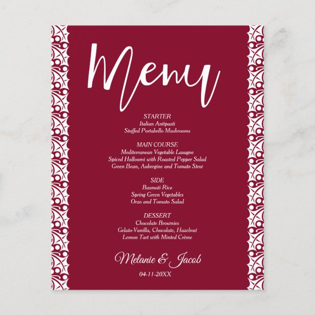 Menu de Casamento Vermelho Elegante Vermelho da Bo (Frente)