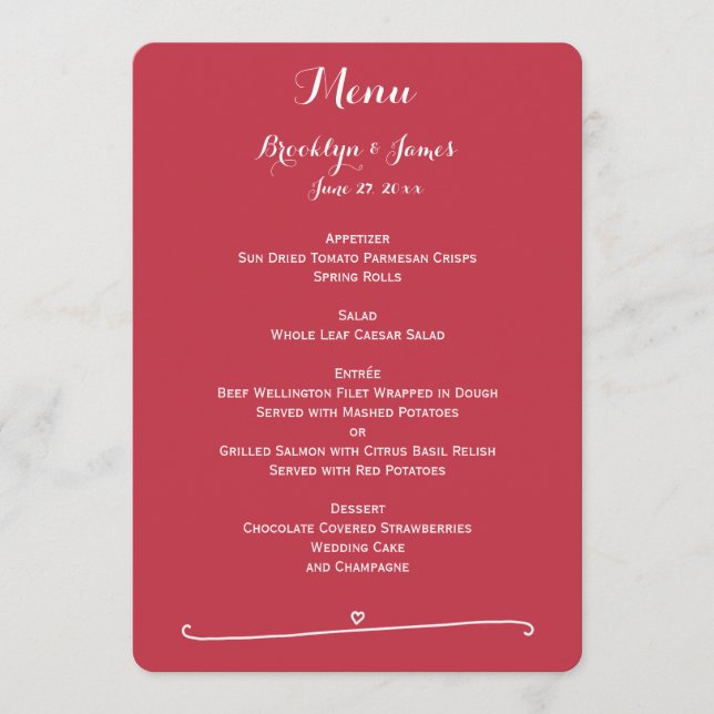 Menu de Casamento Vermelho Personalizado com Coraç (Frente)