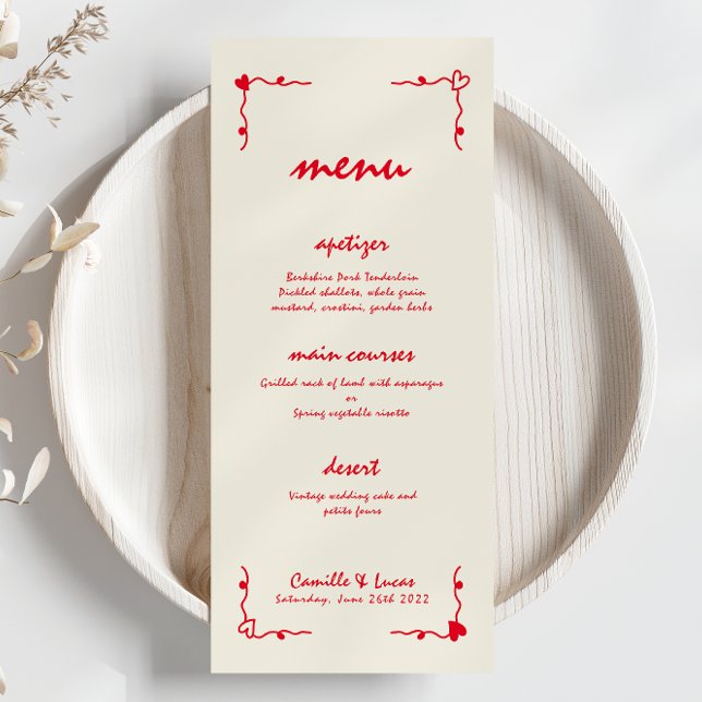 Menu de Casamento Vermelho Whimsical com Letras Ma (Criador carregado)