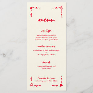 Menu de Casamento Vermelho Whimsical com Letras Ma
