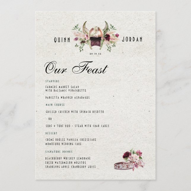 Menu de Casamento Viking Norueguês Elegante (Frente)