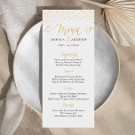 Menu de casamento vintage brilhante editável<br><div class="desc">Glamor faux glitter gold handlettering calliografia cardápio de casamento design e pontos dourados confetti em fundo branco editável, bonito shimmer falso efeito metálico de ouro reluzente, moderno, chic, elegante e elegante, perfeito para casamento vintage, casamento ou casamento no inverno de arte deco. Cor de fundo editável para corresponder às cores...</div>