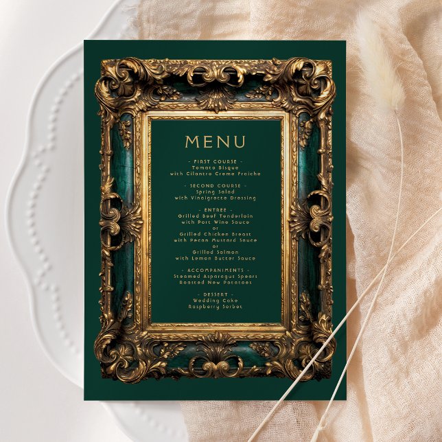 Menu de Casamento Vintage Esmeralda Verde Dourado (Criador carregado)