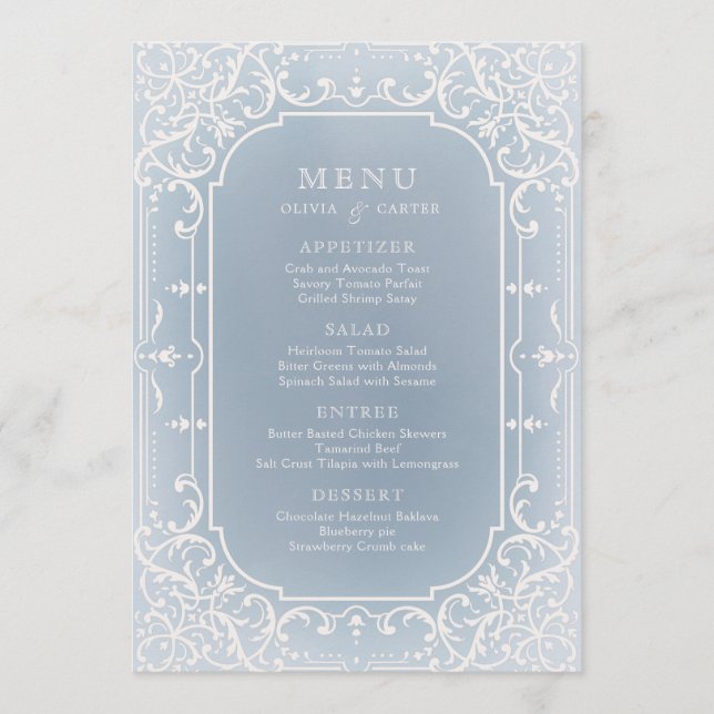 Menu de casamento vintage romântico elegante e azu (Frente)