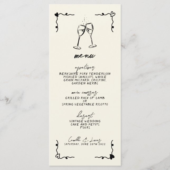 Menu de Casamento Whimsical com Letras Manuscritas (Frente)
