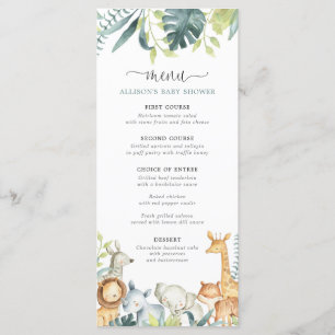 Menu de chá de fraldas dos animais Watercolor safa