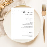 Menu de Comida de Casamento Elegante Simples<br><div class="desc">Este cartão de cardápio elegantemente simples, com um sofisticado design preto e branco, define o tom para uma experiência de jantar refinada. Cada curso, desde o início picante do coquetel de camarão até a decadente sobremesa tarta de banana adotiva, é detalhado em uma tipografia moderna e limpa que reflete o...</div>