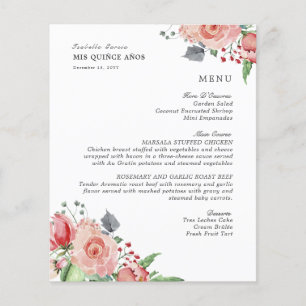 Menu de Comidas de Quinceanera Floral Rosa Elegant
