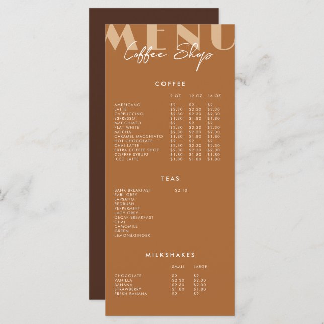 Menu de Compro de Café Minimalista Moderno (Frente/Verso)