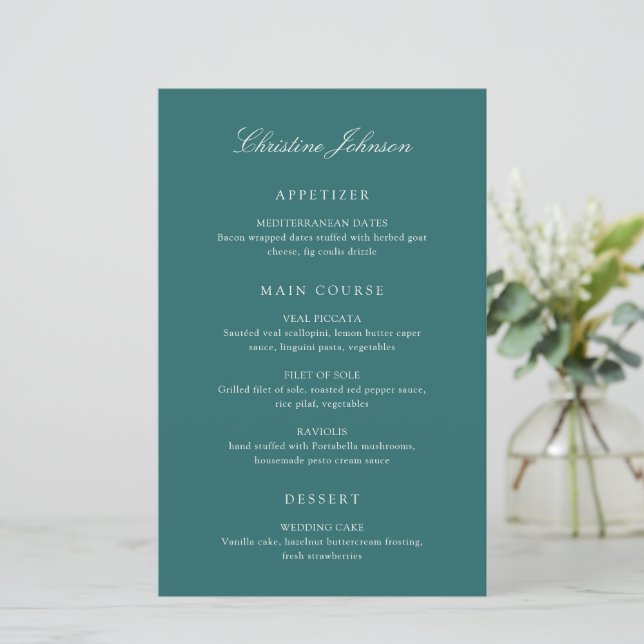 Menu de Convidados Clássico em Verde Teal para Din (Em pé/Frente)