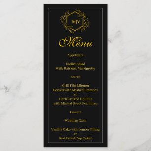 Menu de descanso do monograma preto e dourado