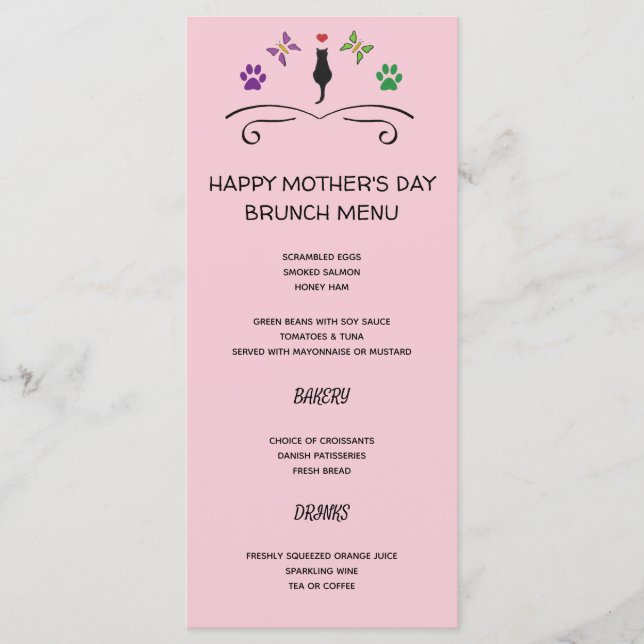 Menu de Dia de as mães Feliz com Gato Preto (Frente)