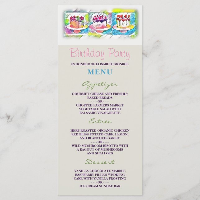 Menu de Festa de aniversário de Arte de Bolo (Frente)