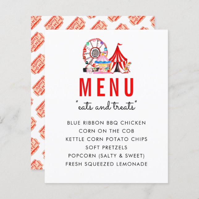 Menu de Festa de aniversário do Circo de Carnaval  (Frente/Verso)