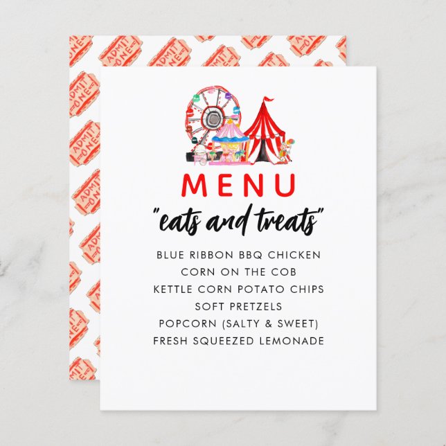 Menu de Festa de aniversário do Circus Show do Car (Frente/Verso)