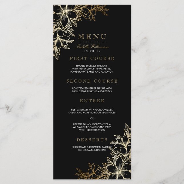 Menu de Festa de noivado Floral Preto e Dourado (Frente)
