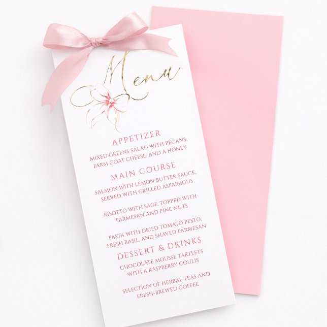 Menu de Festa Elegante Tipografia Dourada com Laço (Pink Bow Menu Cards)