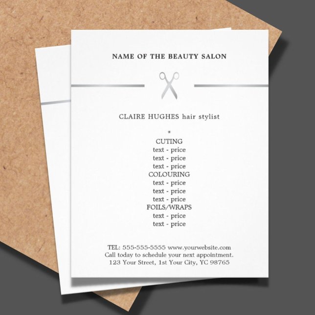 Menu de Hairstylist da Tesoura Mínima Faux Silver (Criador carregado)