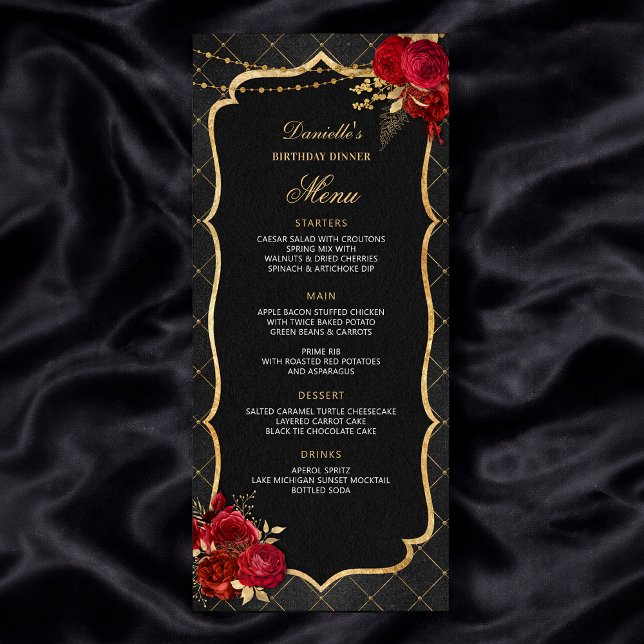 Menu de Jantar de Aniversário Preto, Vermelho e Do (Red Black and Gold Birthday Dinner Menu
)