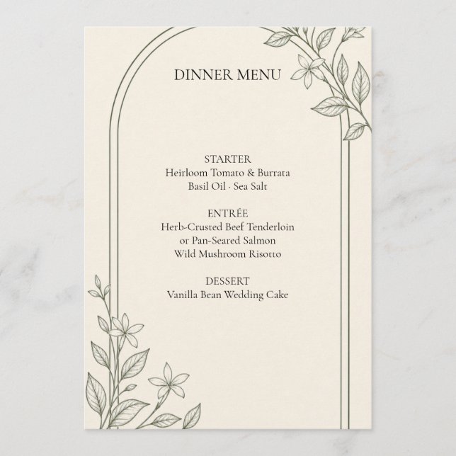 Menu de Jantar de Casamento Botânico de Oliva Deta (Frente)