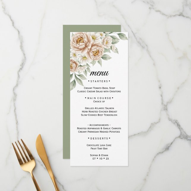 Menu de Jantar de Casamento Botânico em Aquarela N (Frente/Verso In Situ)