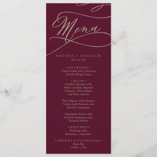 Menu de Jantar de Casamento com Caligrafia Burgund