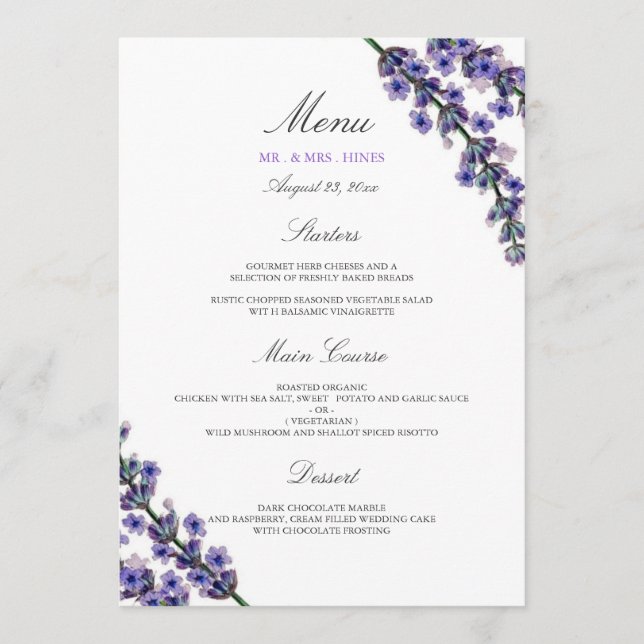 Menu de Jantar de Casamento Lavanda Elegante (Frente)