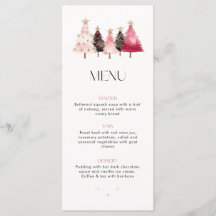 Menu de Jantar de Natal com Árvores Rosa em Aquare