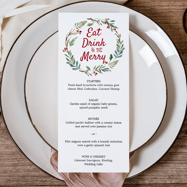 Menu de Jantar de Natal Coma, Beba e Se Divirta (Eat Drink and be Merry Christmas Dinner Menu Card)