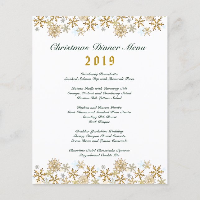 Menu de Jantar de Natal Flocos de Neve Dourados (Frente)