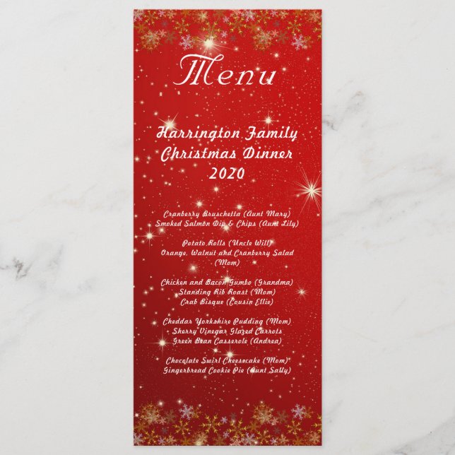 Menu de Jantar de Natal Vermelho com Flocos de Nev (Frente)