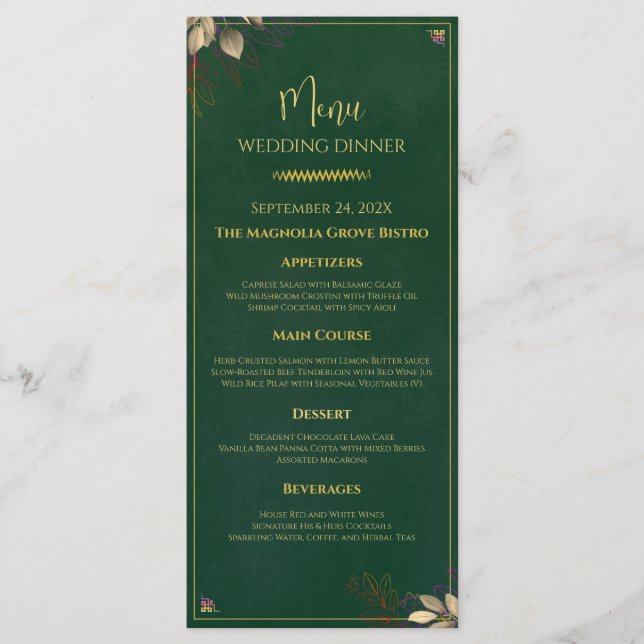 Menu de Jantar de Noiva Elegante Esmeralda Verde e (Frente)