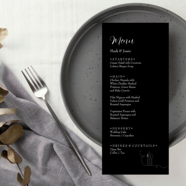 Menu de Jantar de Noivado Simples Preto e Branco R (Criador carregado)