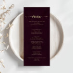 Menu de Janto de Caligrafia Minimalista Dourada Bu<br><div class="desc">Este cartão de janto de caligrafia minimalista de ouro é perfeito para um casamento rústico. O design simples e elegante apresenta uma tipografia de rico e escrita dourada em fundo de marrom. Este menu pode ser usado para recepção de casamento,  janto de ensaio,  chá de panela ou qualquer evento.</div>