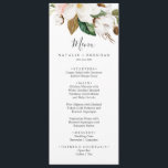 Menu de Janto de Casamento Branco e Blush da Magno<br><div class="desc">Este elegante cartão de janto de casamento branco e esbranquiçado de magnólia é perfeito para um casamento clássico moderno. O design floral suave apresenta coloração aquosa, cor-de-rosa pincelada, impressionantes flores brancas de magnólia e algodão, com ouro e folhas verdes, num arranjo luxuoso. Este menu pode ser usado para recepção de...</div>