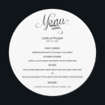 Menu De Janto De Casamento De Caligrafia<br><div class="desc">Cartão de Menu de Janto de Casamento Redondo de Caligrafia,  com design moderno e elegante,  para Placa,  que pode ser personalizado com seu texto. Veja na loja de Design de arte gráfica outros produtos que combinam com este design!</div>