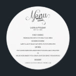 Menu De Janto De Casamento De Caligrafia<br><div class="desc">Cartão de Menu de Janto de Casamento Redondo de Caligrafia,  com design moderno e elegante,  para Placa,  que pode ser personalizado com seu texto. Veja na loja de Design de arte gráfica outros produtos que combinam com este design!</div>